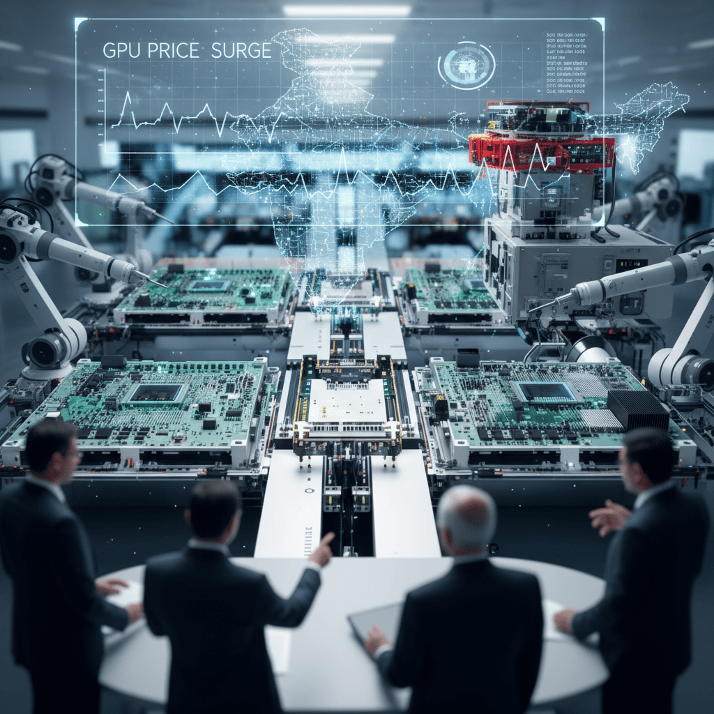 Four suited officials at a table in a high-tech factory, with a holographic map of India and data overlays.