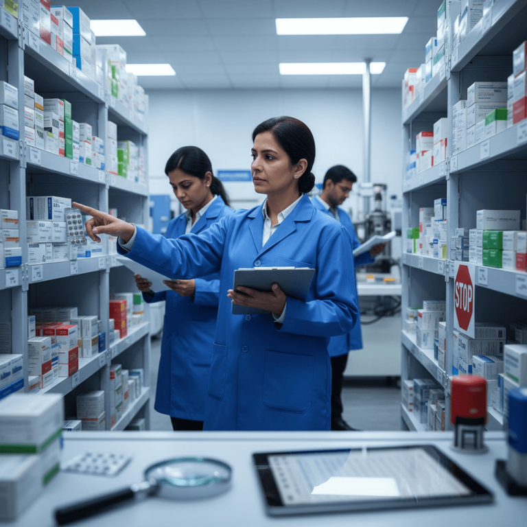 A team of Indian pharmacists in blue coats inspecting shelves of medicines in a modern pharmacy.