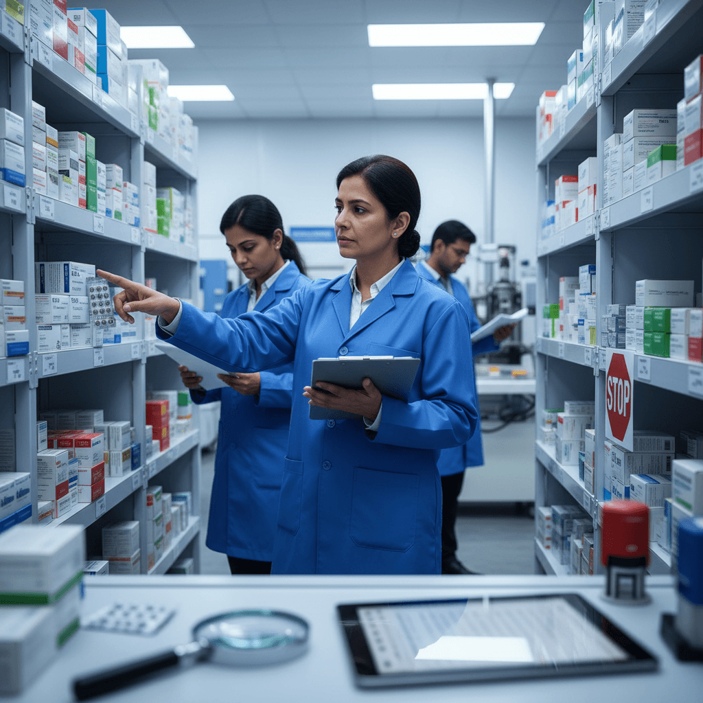 A team of Indian pharmacists in blue coats inspecting shelves of medicines in a modern pharmacy.