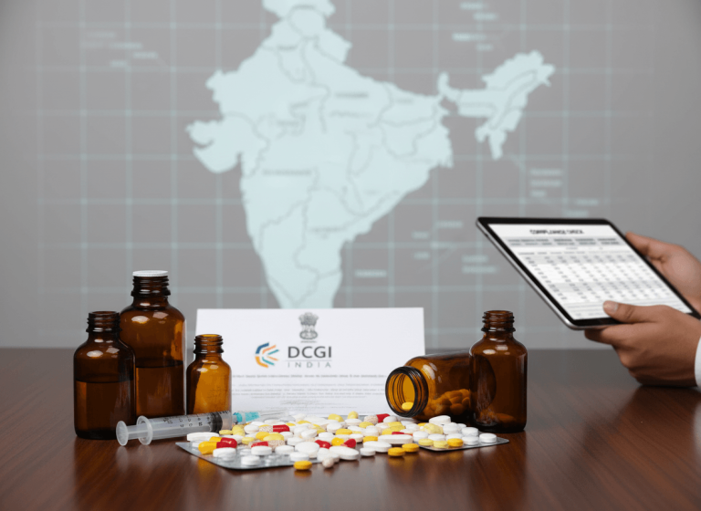 A professional image showing various GLP-1 weight loss drugs, a syringe, and the DCGI logo with India's map in the background.