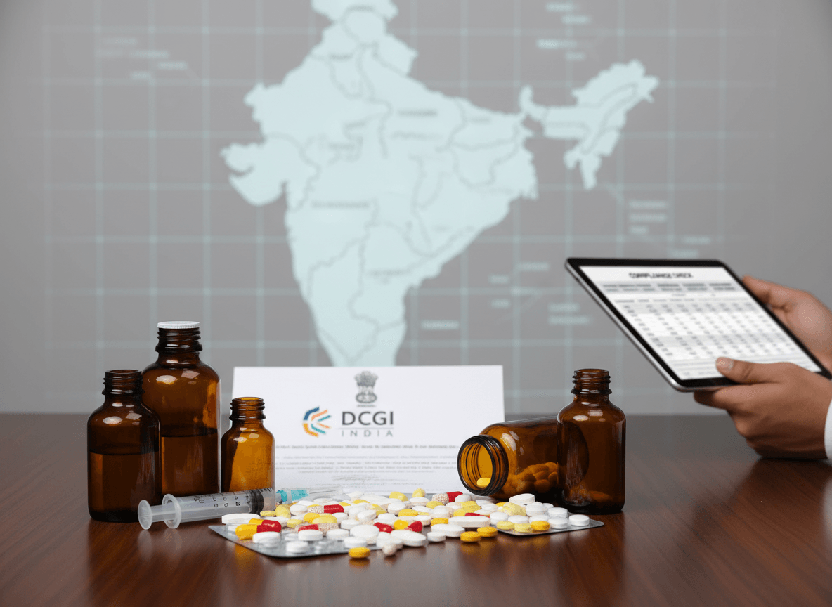 A professional image showing various GLP-1 weight loss drugs, a syringe, and the DCGI logo with India's map in the background.