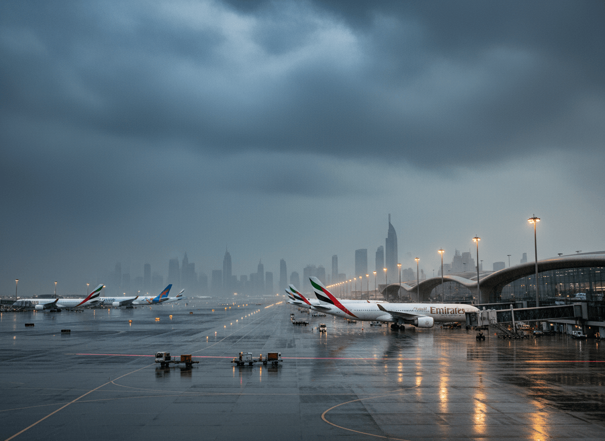 An airport tarmac with several planes under a dark, cloudy sky, with city skyscrapers in the misty background.