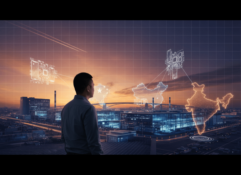 A man in a blue shirt from behind, looking at a futuristic cityscape with glowing holographic maps of India and China.