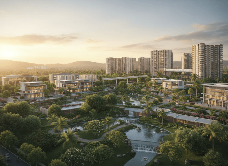 An aerial shot of a large, integrated urban development with residential towers, commercial buildings, green spaces, and water features.