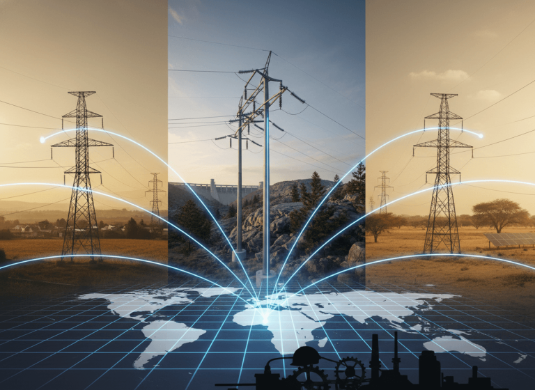A collage of three scenes featuring power transmission towers, overlaid with a digital world map connecting them.