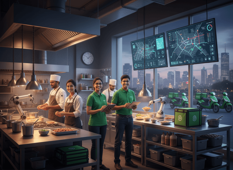 A diverse team in a high-tech cloud kitchen with large screens showing delivery routes and a city skyline at dusk.