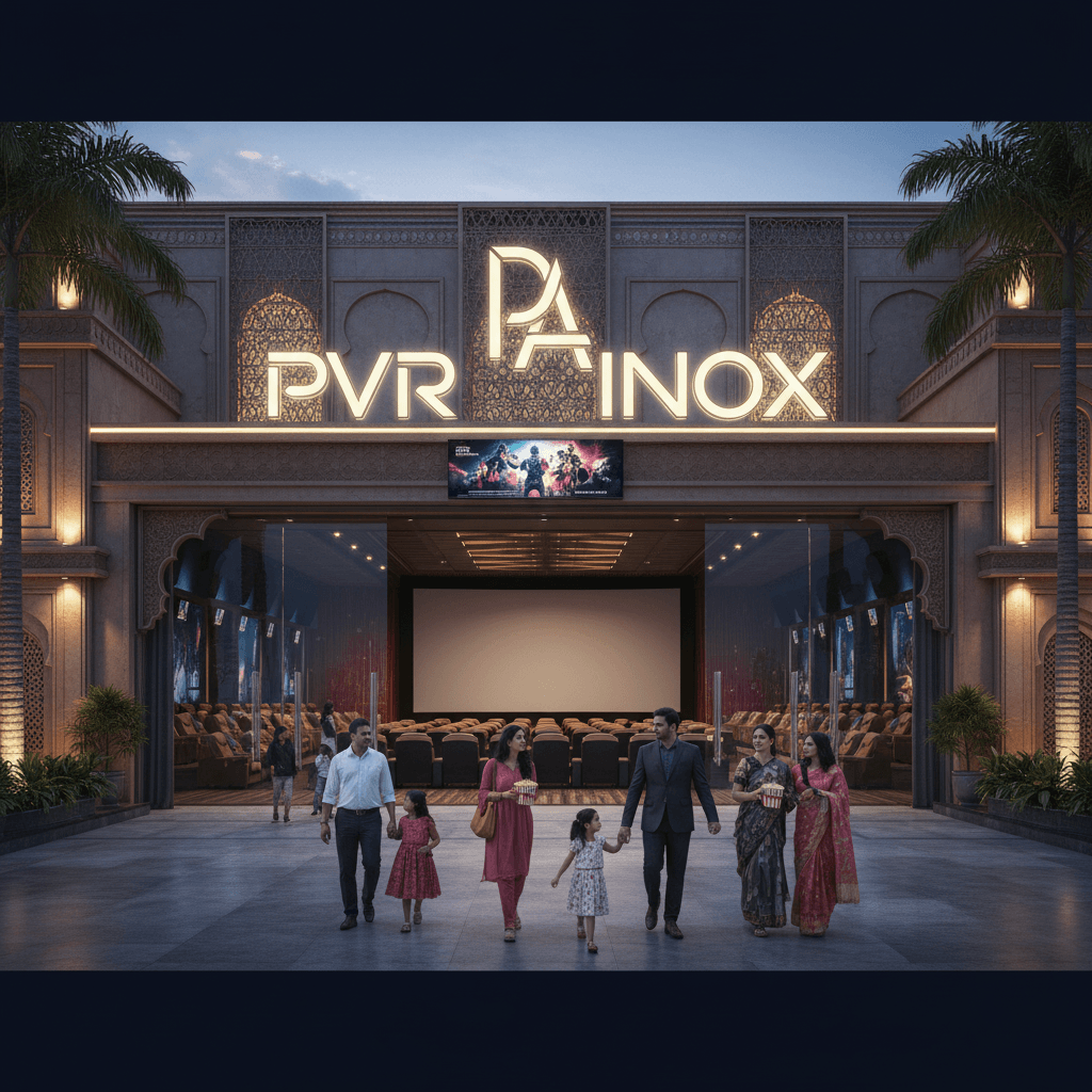 A grand, illuminated PVR INOX cinema entrance at dusk, with families happily entering, showcasing luxury and comfort.