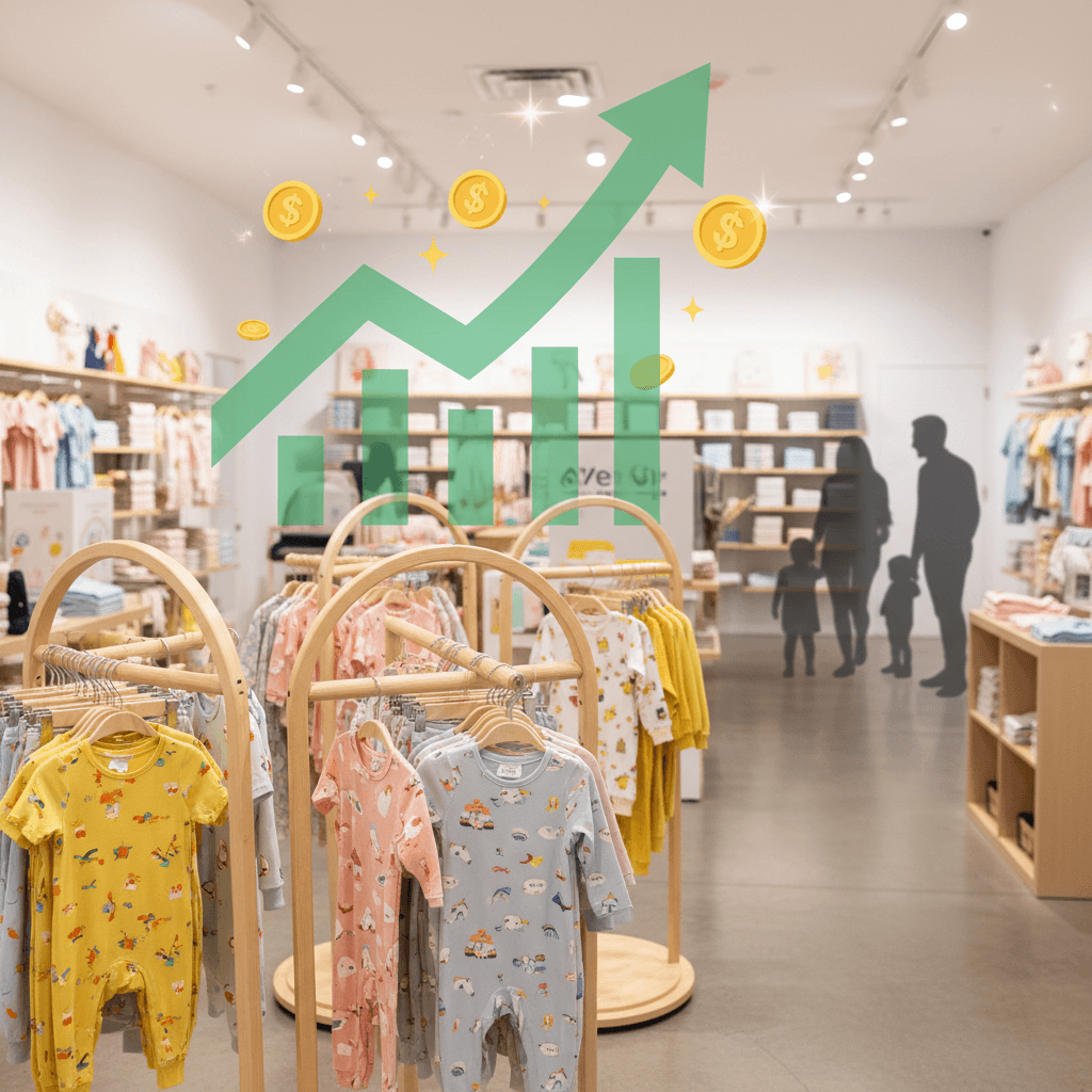 A bright, modern kidswear store with racks of colorful baby clothes and a large green upward-trending graph overlay.