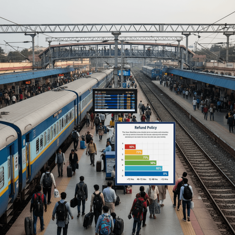 A busy Indian railway station with trains and passengers, overlaid with a graphic showing a tiered ticket cancellation refund policy.