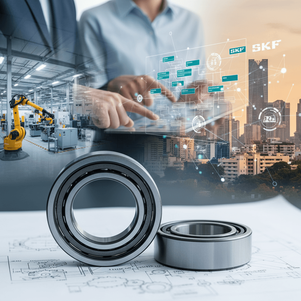 A composite image showing industrial bearings on blueprints, a factory with robotic arms, and a cityscape at sunset.
