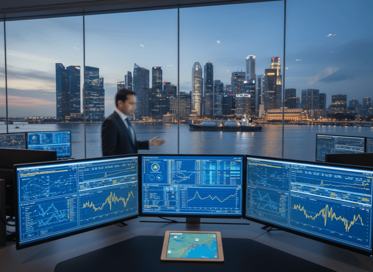 A professional executive in a suit stands in a modern office, with multiple trading screens displaying market data.