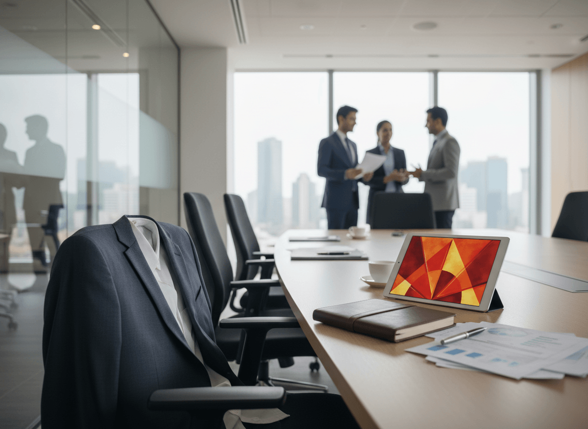 A modern conference room with a suit jacket on a chair and executives discussing in the background.