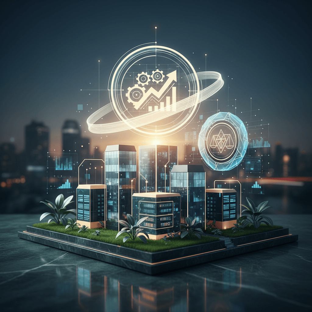 A high-tech diorama of modern buildings with holographic financial and legal symbols.