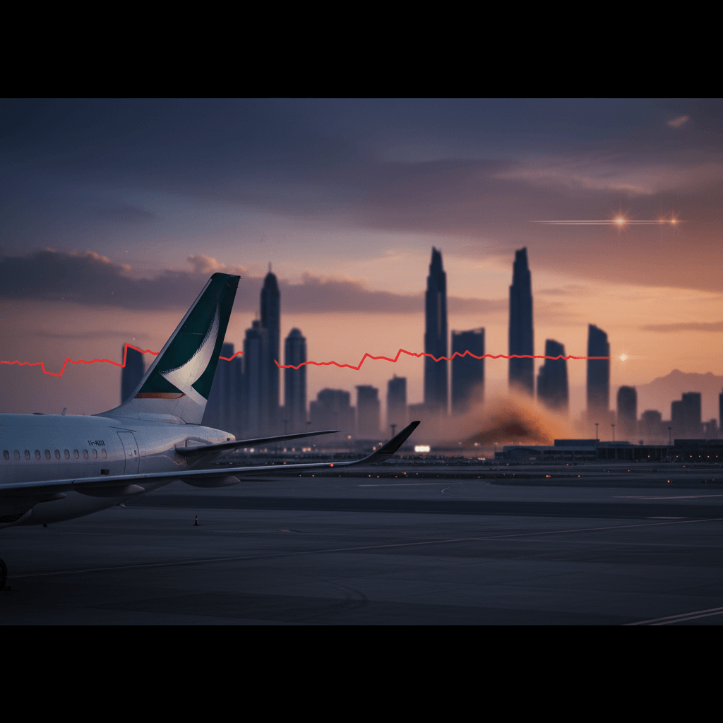 A Cathay Pacific plane on a tarmac at sunset, with a city skyline and a rising red graph line in the background.
