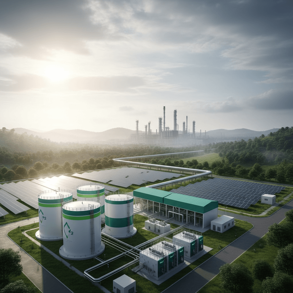 An aerial view of a large green hydrogen production facility with solar panels and a distant refinery under a hazy sky.