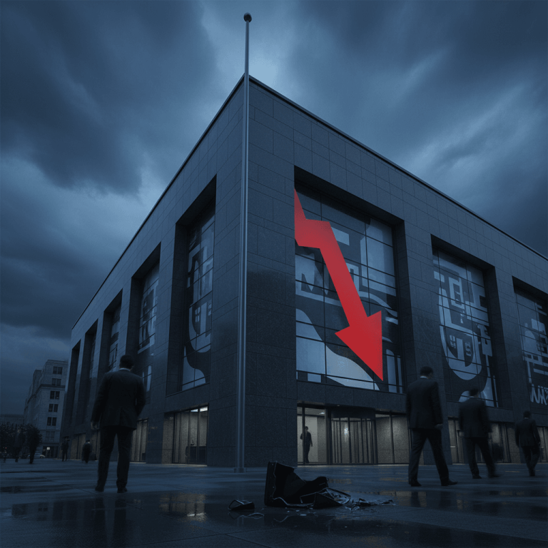 A modern bank building at dusk with a large red downward arrow on its facade, reflecting a market downturn.