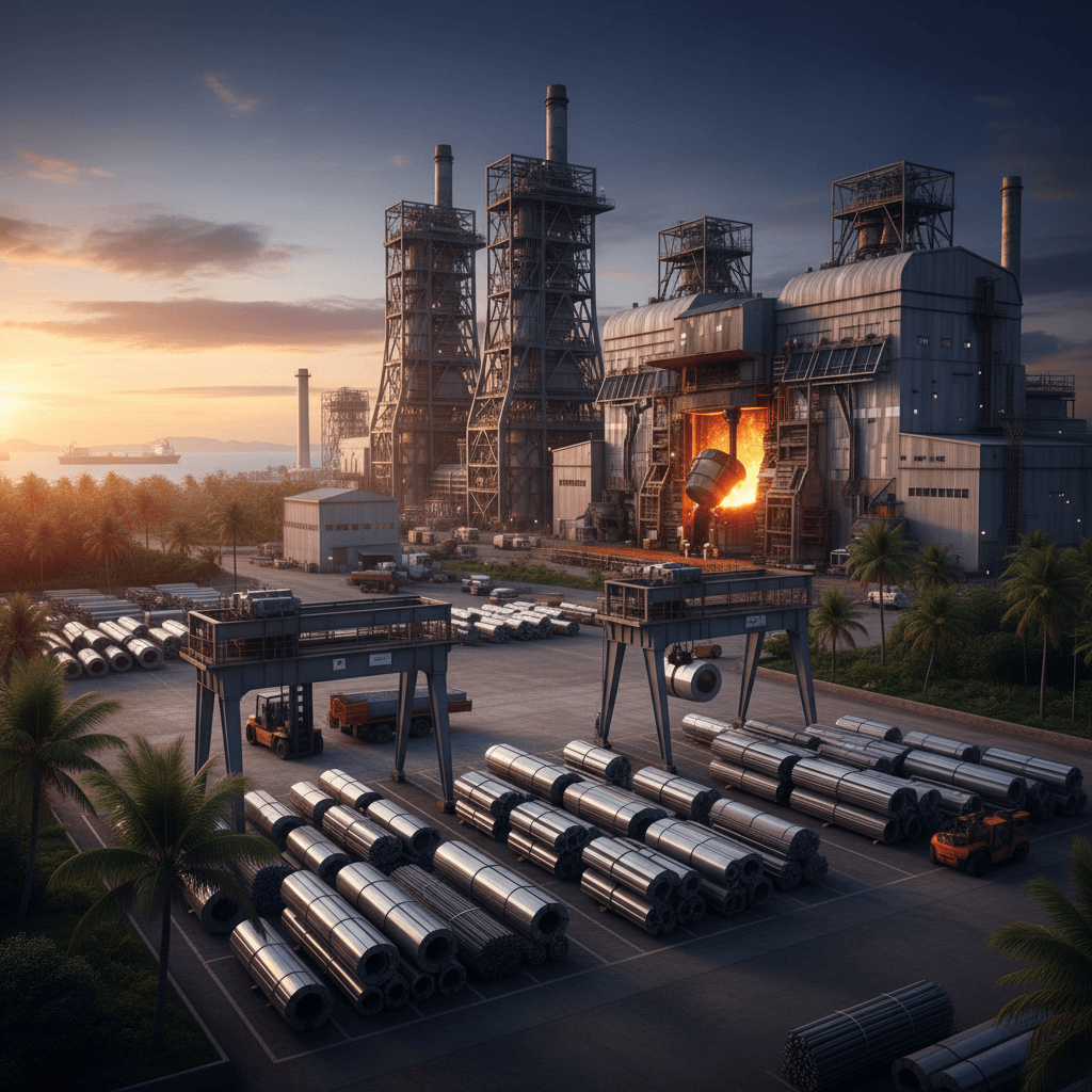 An aerial view of a large industrial steel plant in Indonesia with molten metal pouring, surrounded by palm trees.