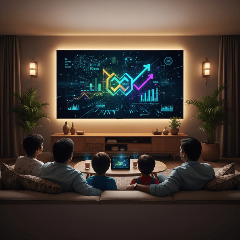 A family from India views a large screen displaying vibrant digital growth charts and data in their cozy living room.