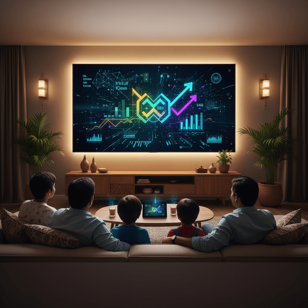 A family from India views a large screen displaying vibrant digital growth charts and data in their cozy living room.