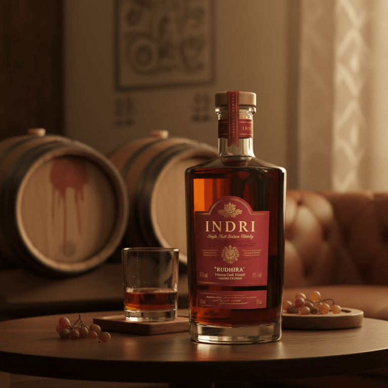 A bottle of "Indri Rudhira" whisky on a table with a glass, grapes, and wooden casks in the background.