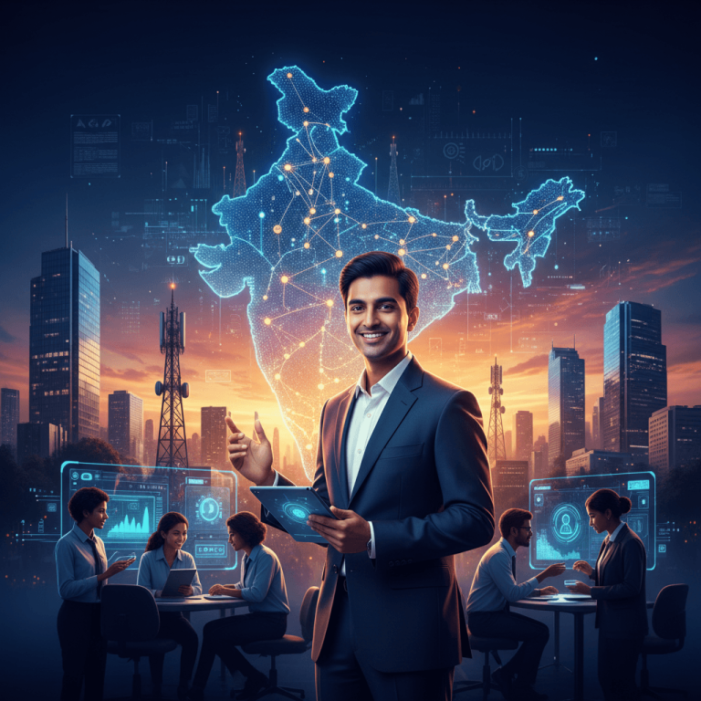 A man in a suit gesturing towards a holographic map of India, overlaid with a digital network, with a skyline and people working.