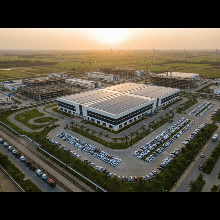 Aerial view of a large automotive manufacturing plant with solar panels on roofs, surrounded by parked cars and green fields.