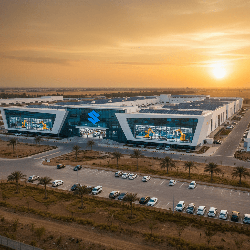 An aerial view of a modern automotive manufacturing plant with solar panels under a golden sunset in Gujarat, India.