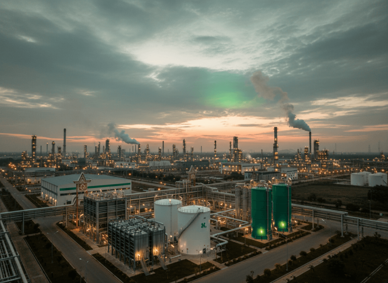 An aerial view of a large industrial complex, featuring green hydrogen storage tanks and a refinery at dusk.
