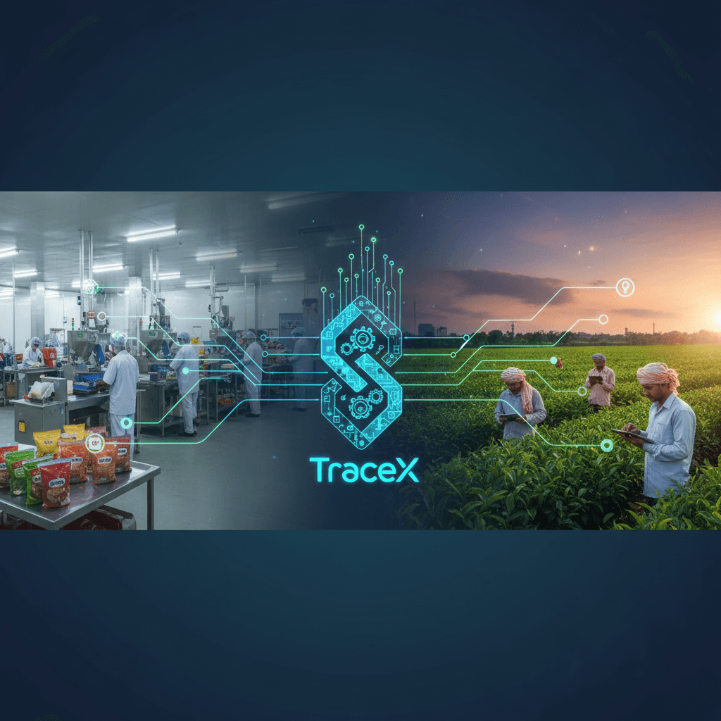 A split image showing a modern food processing facility on the left and Indian farmers working in a field on the right, connected by digital lines.
