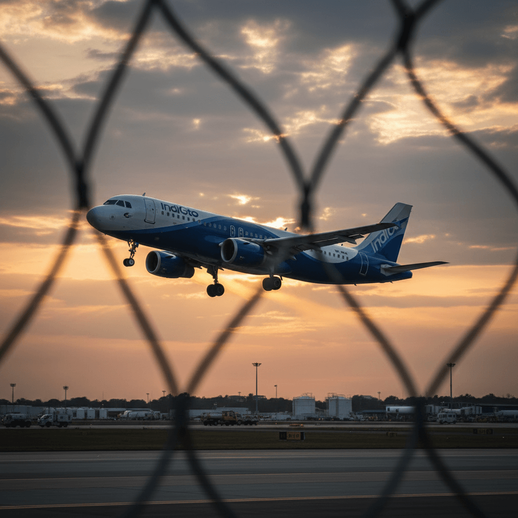 An IndiGo airplane takes off against a dramatic sunset sky, viewed through a chain-link fence.