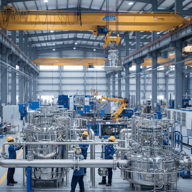 Wide shot of a modern factory floor with engineers assembling large, gleaming stainless steel process equipment.