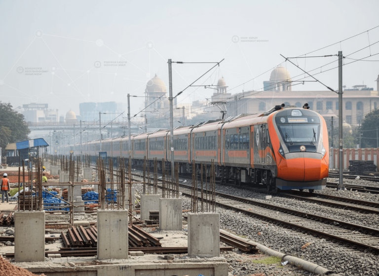 A modern orange and grey Indian train on tracks with construction site in foreground and government buildings in background.