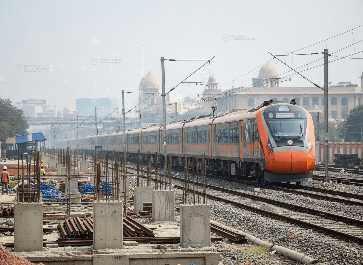 A modern orange and grey Indian train on tracks with construction site in foreground and government buildings in background.
