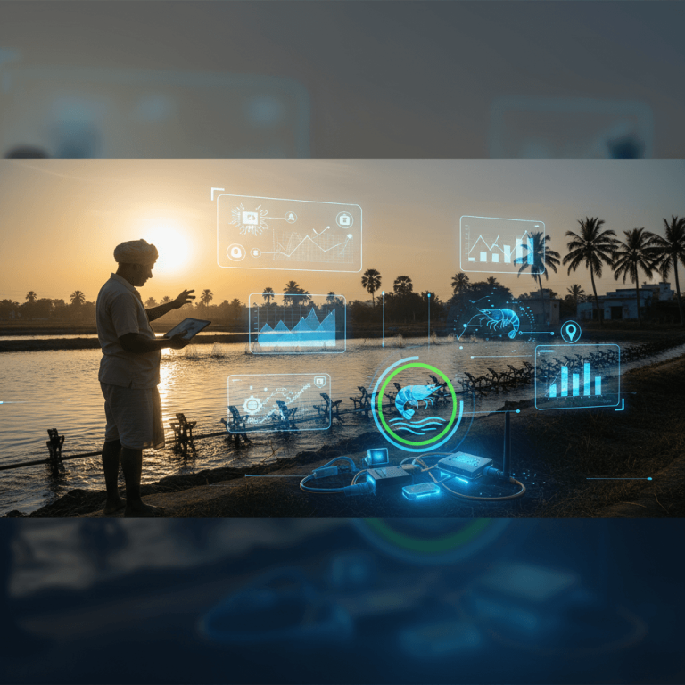 An Indian farmer uses a tablet with futuristic holographic data overlays at a shrimp farm during sunset.
