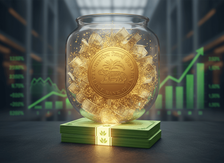 A glass jar filled with glowing Indian rupees and a large gold coin, sitting on stacks of green bonds with graphs in the background.
