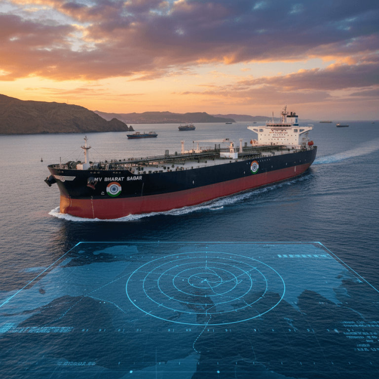 An Indian-flagged oil tanker, MV Bharat Sagar, sails through calm waters at sunset with a digital radar overlay.