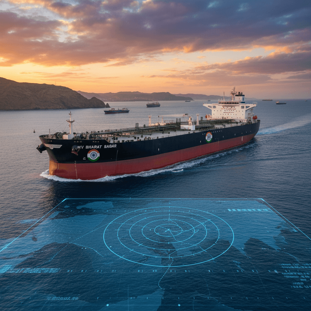An Indian-flagged oil tanker, MV Bharat Sagar, sails through calm waters at sunset with a digital radar overlay.