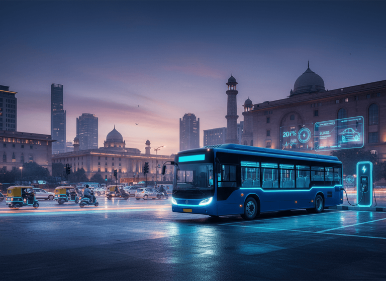 An electric blue public bus charging at a station in Delhi, with illuminated government buildings and city traffic behind it at dusk.