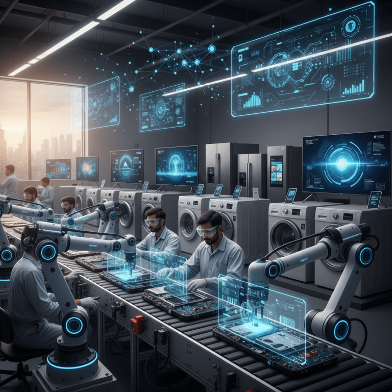 Manufacturing facility with workers and robotic arms assembling circuit boards for consumer electronics, with AI/IoT interfaces.