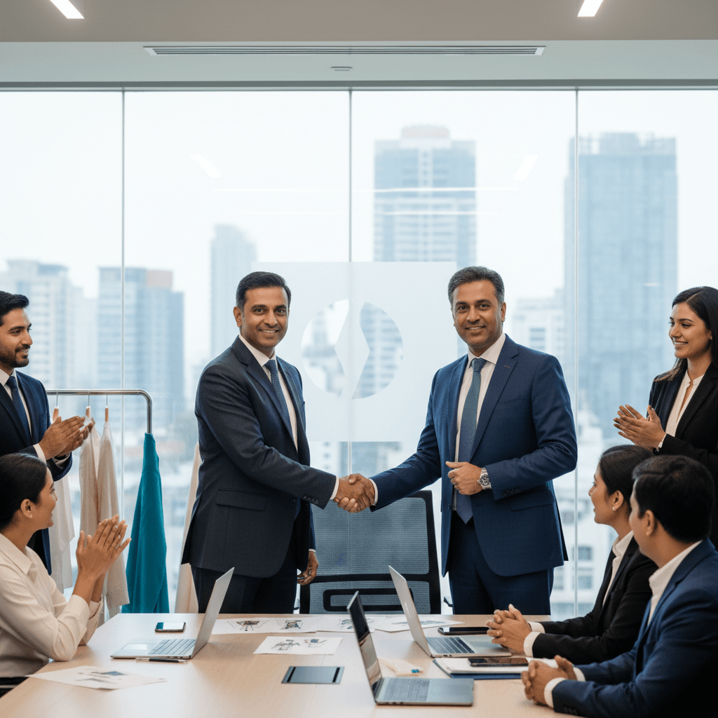 Two male executives in suits shake hands across a conference table with colleagues applauding, city skyline in background.