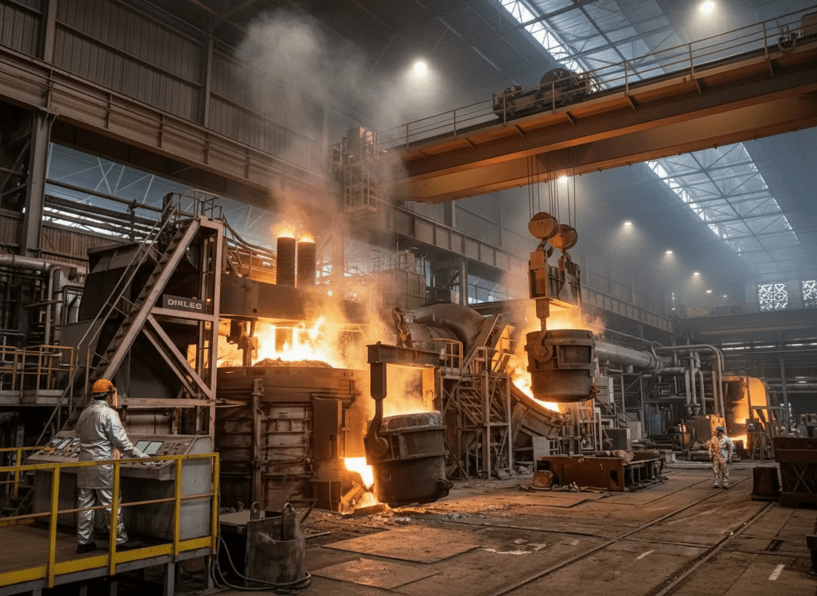 A wide shot of a bustling Indonesian steel melt shop with molten metal, machinery, and workers in protective gear.
