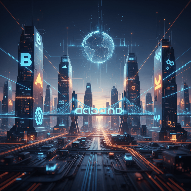 A futuristic cityscape with glowing digital brands integrated into towering buildings and a global network.