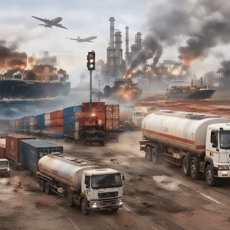 A complex scene depicting global trade challenges for India, with cargo ships, trucks, and factories under a turbulent sky.