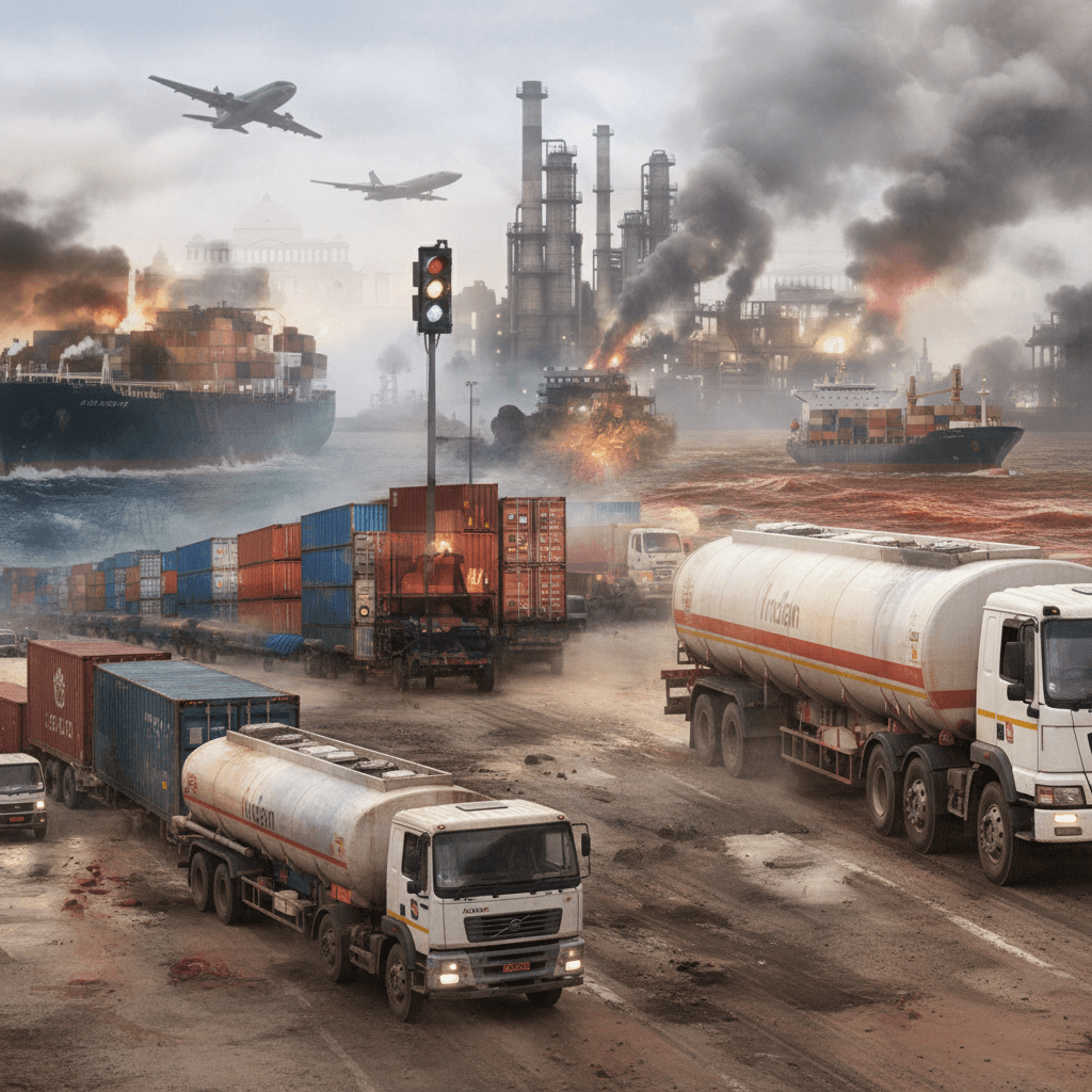 A complex scene depicting global trade challenges for India, with cargo ships, trucks, and factories under a turbulent sky.