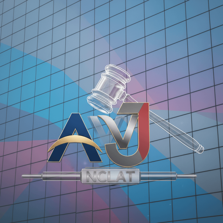 A stylized image representing a corporate legal battle, with abstract logos for Adani and Jaiprakash, a gavel, and "NCLAT."