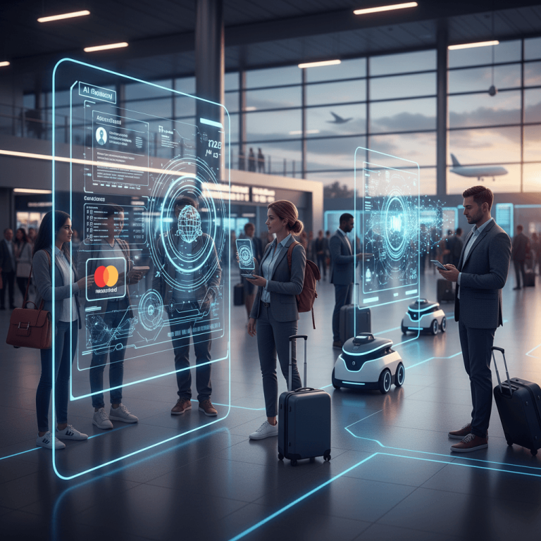 Travelers interact with glowing holographic AI interfaces and service robots in a futuristic airport.