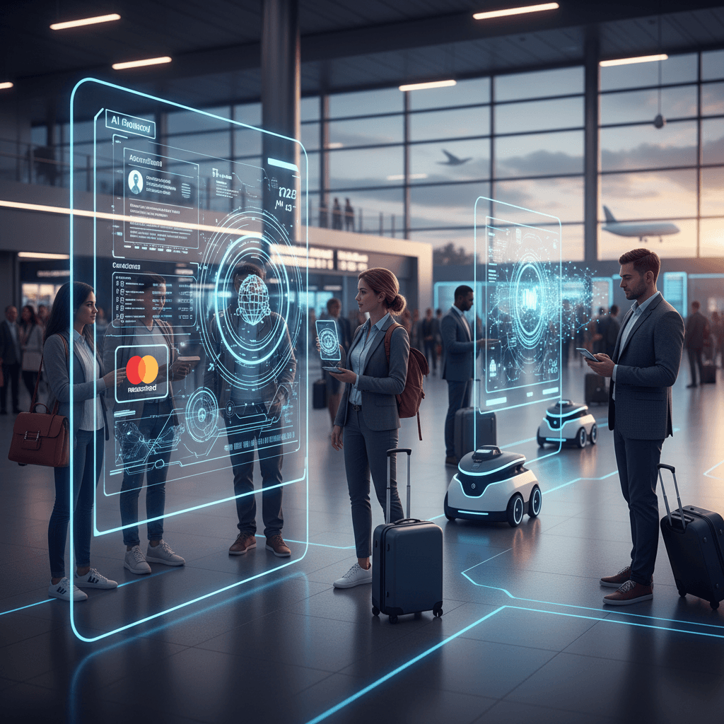 Travelers interact with glowing holographic AI interfaces and service robots in a futuristic airport.