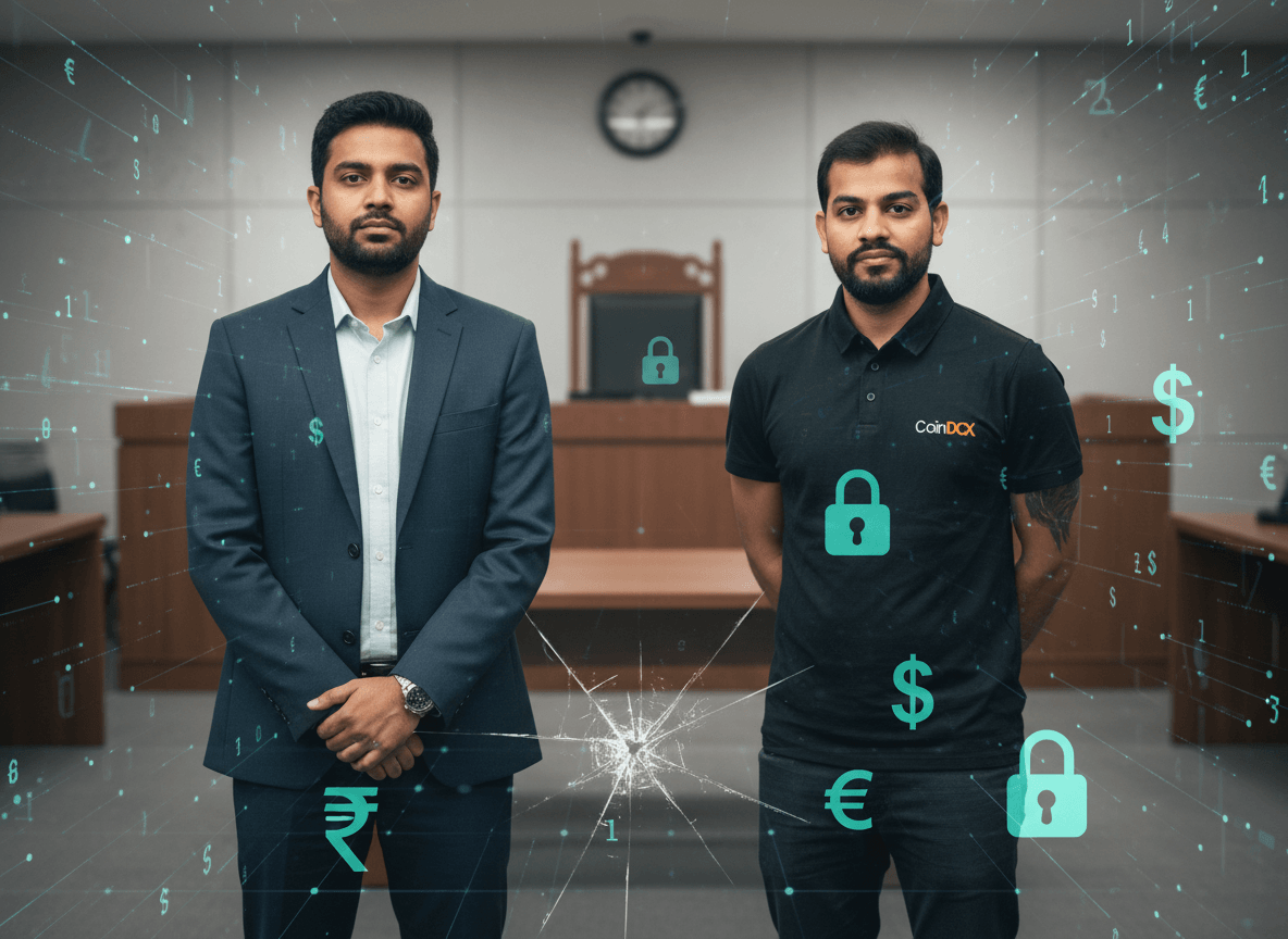 Two men stand in a digital courtroom, with cryptocurrency symbols and security locks floating around them.