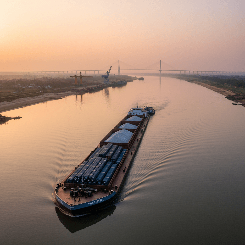 An aerial view of a cargo barge, branded "TATA STEEL," carrying materials down a wide river at sunset.