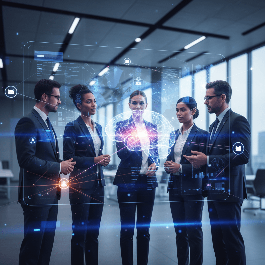 Five diverse professionals in suits discussing AI in a sleek office, with a glowing brain hologram and data overlays.